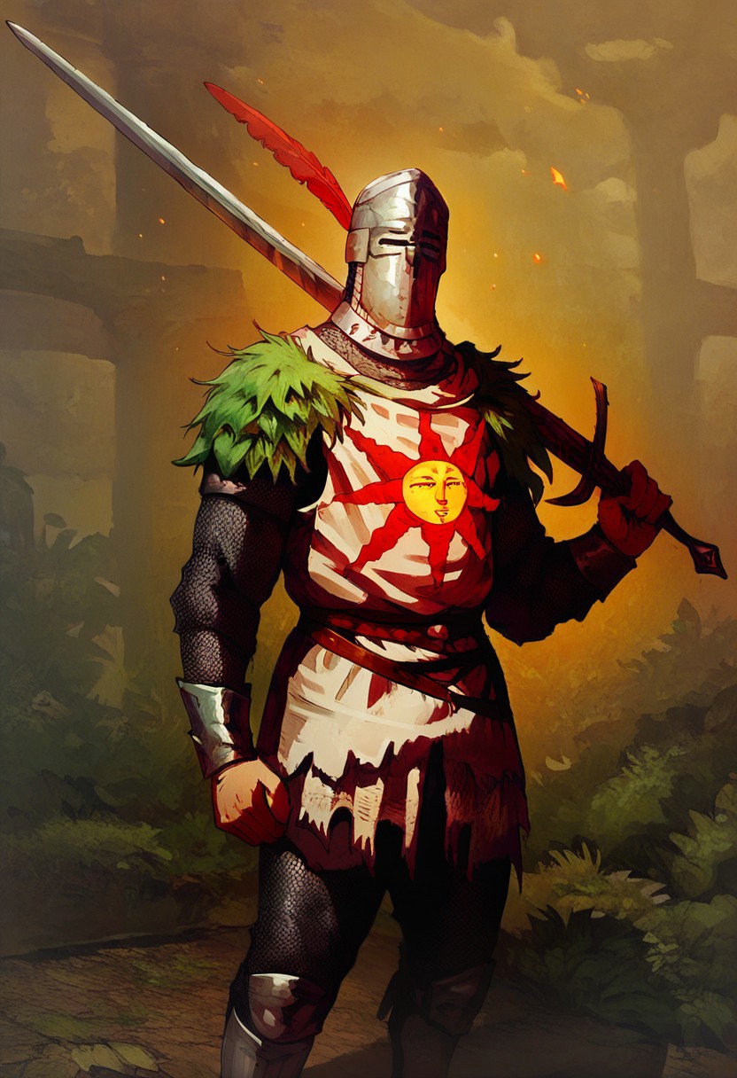 male focus, solo focus, solo, score_9, score_8_up, score_7_up, 1boy, solaire dark souls chainmail armor knight male  ZweihanderV1.1-pose2, weapon, sword, holding weapon, holding, over shoulder