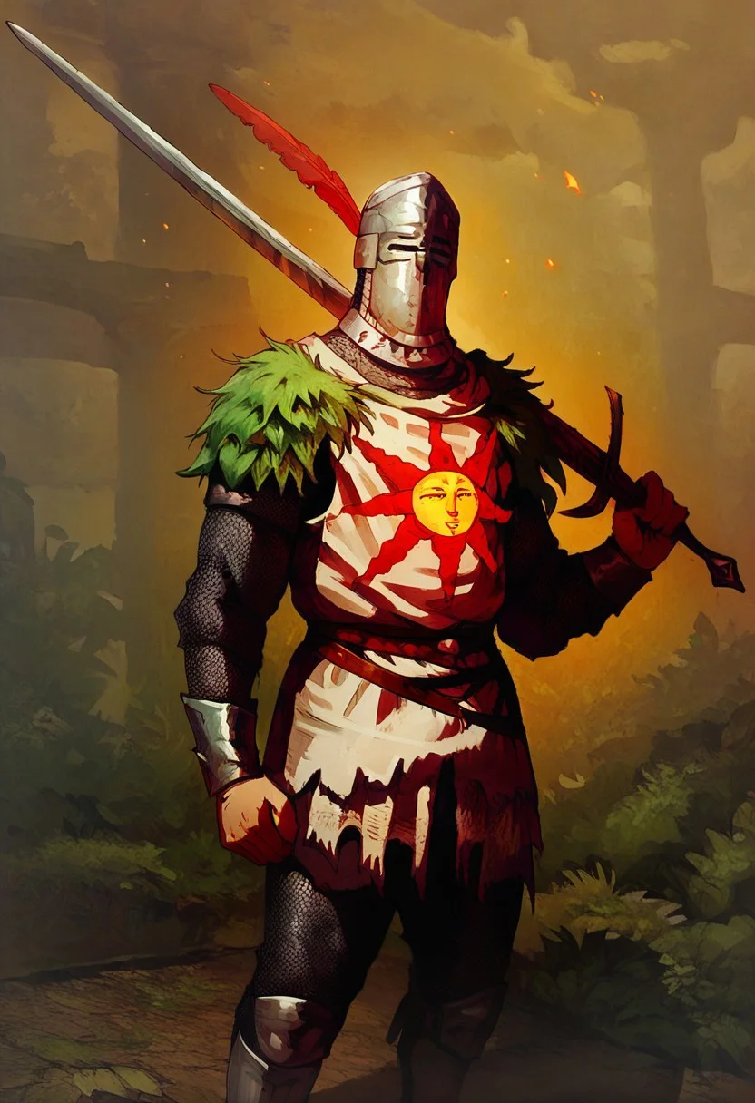 male focus, solo focus, solo, score_9, score_8_up, score_7_up, 1boy, solaire dark souls chainmail armor knight male  ZweihanderV1.1-pose2, weapon, sword, holding weapon, holding, over shoulder