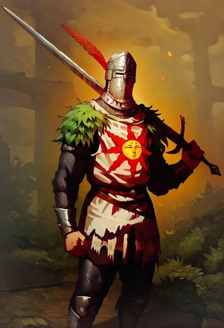 male focus, solo focus, solo, score_9, score_8_up, score_7_up, 1boy, solaire dark souls chainmail armor knight male ZweihanderV1.1-pose2, weapon, sword, holding weapon, holding, over shoulder