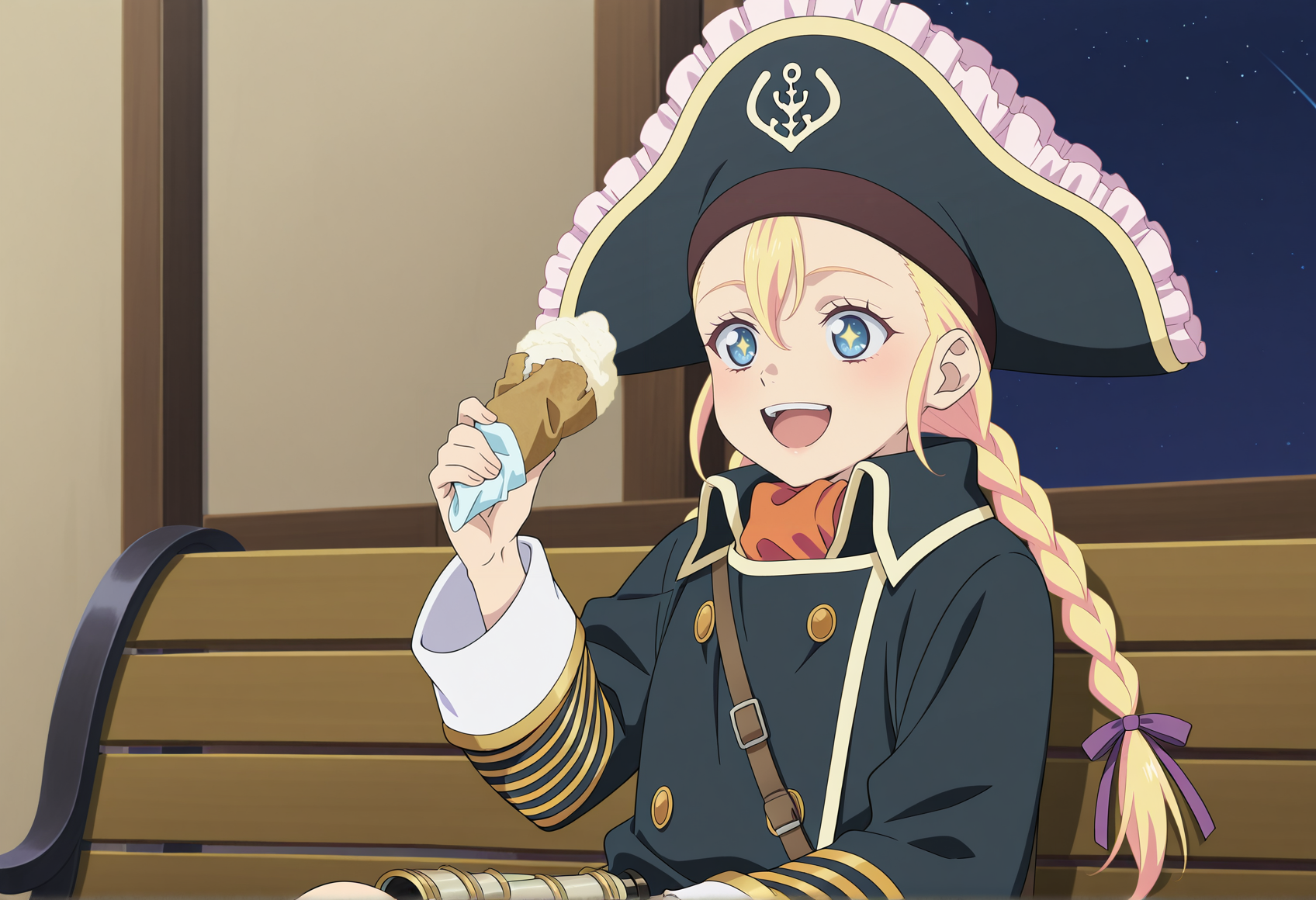 anime screenshot, anime screencap, anime coloring, 1girl, blue eyes, twin braids, blonde hair, sidelocks, pirate hat, ascot, coat, binoculars, sitting, bench, holding icecream, happy, starry eyes  <lora:Patty_Fleur:1>, masterpiece, best quality, amazing quality, very aesthetic, absurdres, highres, newest
