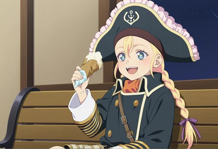 anime screenshot, anime screencap, anime coloring, 1girl, blue eyes, twin braids, blonde hair, sidelocks, pirate hat, ascot, coat, binoculars, sitting, bench, holding icecream, happy, starry eyes <lora:Patty_Fleur:1>, masterpiece, best quality, amazing quality, very aesthetic, absurdres, highres, newest