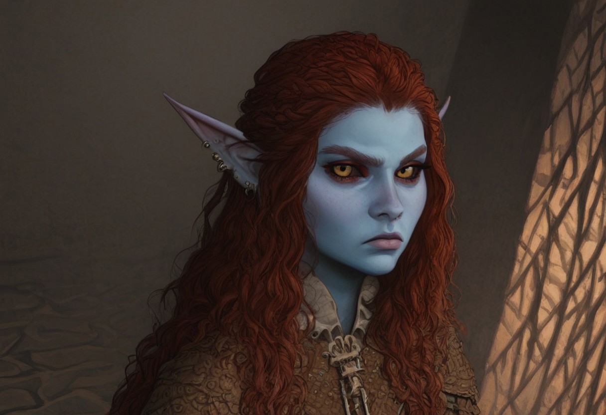 solo, short pointy ears, piercings, random elf face, aquiline features, female dark elf, brow rings, nose rings, beaded piercings, weathered skin, large nose, insect chitin armor, insect chitin helmet, insect chitin ornaments, stylized insect pattern, athletic build,  animated realism, zoomed out, Syrian features, torso, brass pipes and gears, intricate architecture, dwarven masonry, dwemer fixtures, white-green light, gloomy lighting, ancient ruins, interior, stone tiled floor, grey-blue skin, mahogany and ivory clothes, medium armor, bone plate armor, ivory straps and fittings, alien bone ornaments, grey wood neckguard, deep red sclera, black pupils, blue-green light, neon, highly detailed, defined features, looking at viewer, three quarters view, from above, dynamic lighting, 36 years old, light and shadows, patterned cloth, annoyed expression, expressive eyes, detailed medieval clothes, medium_breasts, very long hair, wavy hair, thick hair, beaded hair, braided hair, under cut hair, semirealistic, alien elf, spanish features, jewish features, dark red hair, umber skin, sharp features, pastel green inuit print cloak, nighttime, high detail, absurdres, pretty eyes, detailed eyes, yellow eyes,