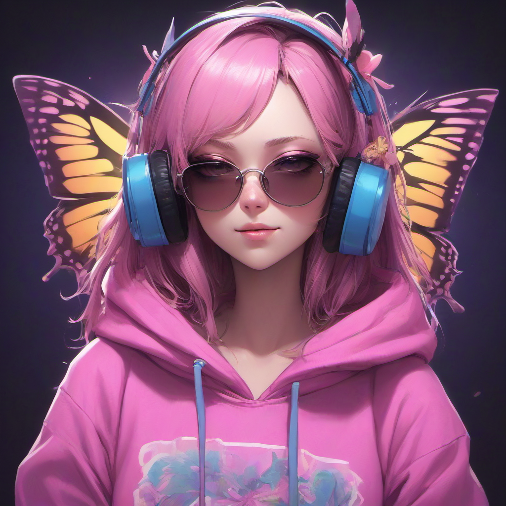 Masterpice,High Quality,portrait,
 <lora:PE_ButterflyLady:0.7> PEButterflyLady, 
wearing a hoodie,headphones,sunglasses,