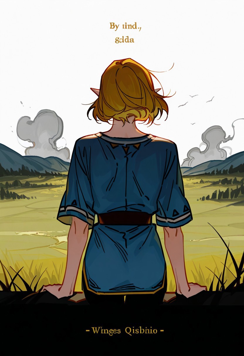 best quality, detailed face, detailed eyes, , , 
by kp, wwdenslow
masterpiece, best quality, very aesthetic, absurdres, safe, best_quality, detailed, masterpiece, very_aesthetic, absurdres, rating:safe, modare, qiandaiyiyu
BREAK
by luoman19921, by nishikujic, kawacy,  ,  by chengongzi123, bbybluemochi, mulihaohao,
\
1girl, studio_ghibli, princess zelda, blue tunic, from behind, landscape, smoke, masterpiece, best quality, amazing detail, high definition