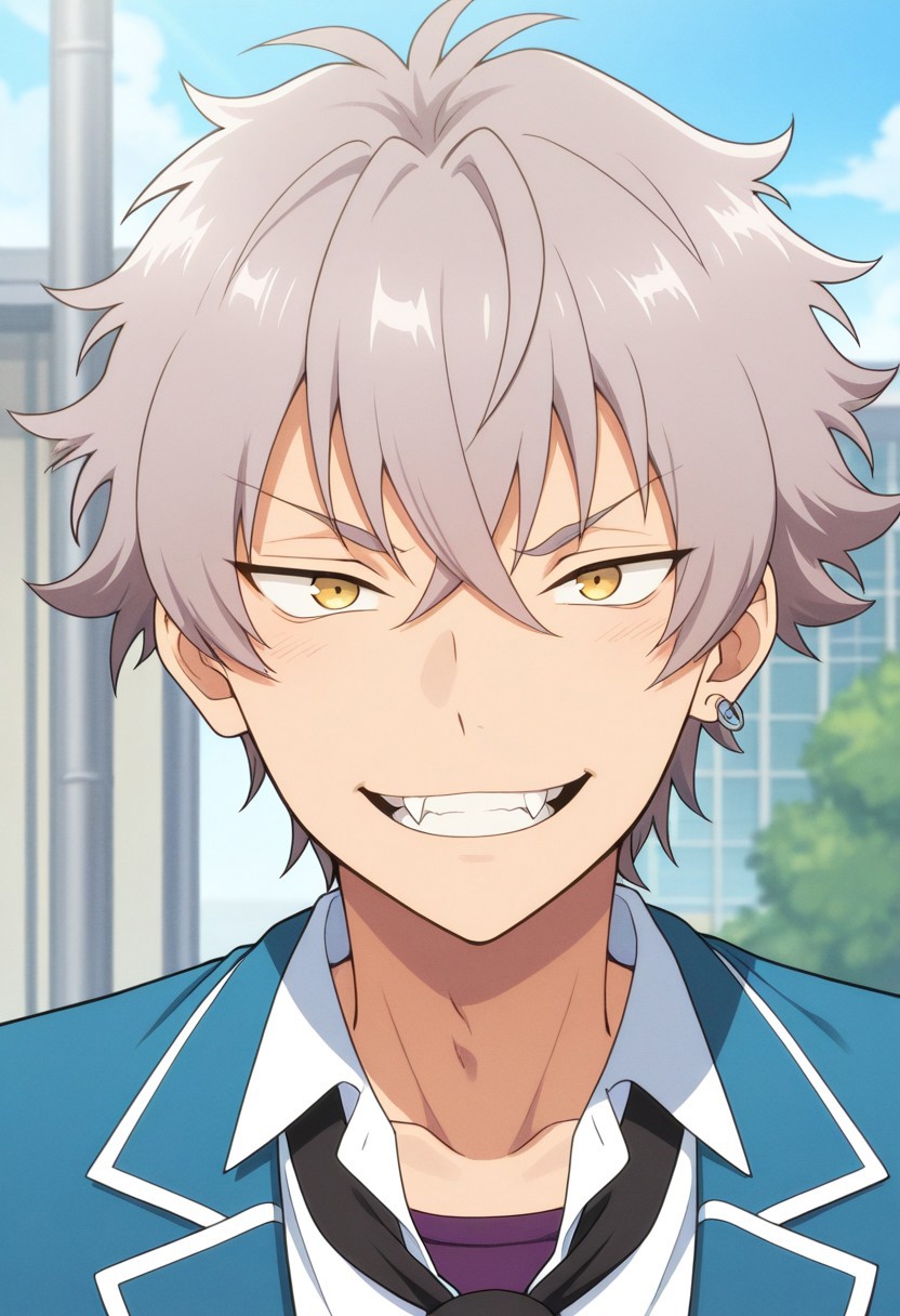 masterpiece,best quality,amazing quality, source_anime, 
kogaoogami, 1boy, male focus, solo, yellow eyes, grey hair, jewelry, earrings, school uniform, purple undershirt, shirt, white shirt, collared shirt, necktie, black necktie, jacket, blazer, blue jacket, portrait, grin, fangs,
outdoor,