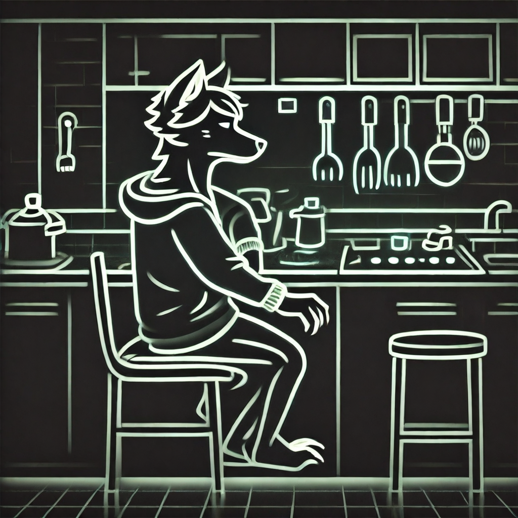 Glowline_Figures, furry, 1boy, wolf, hoodie, chair, sit, kitchen,