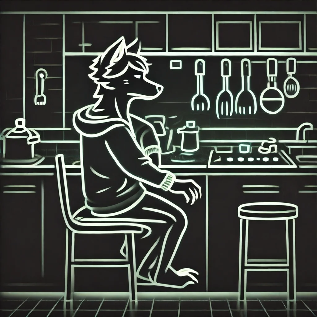 Glowline_Figures, furry, 1boy, wolf, hoodie, chair, sit, kitchen,