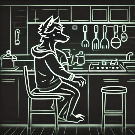 Glowline_Figures, furry, 1boy, wolf, hoodie, chair, sit, kitchen,