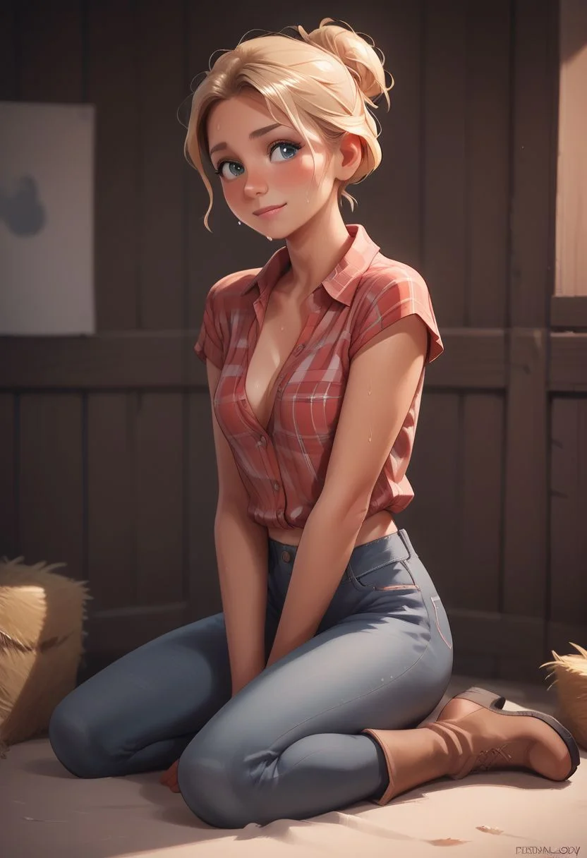 score_9, score_8_up, score_8, thotty_katieXL, at farm, barn behind her, wearing jeans and plaid shirt with boots, tiny smile, slutty,
shy pose, sweating