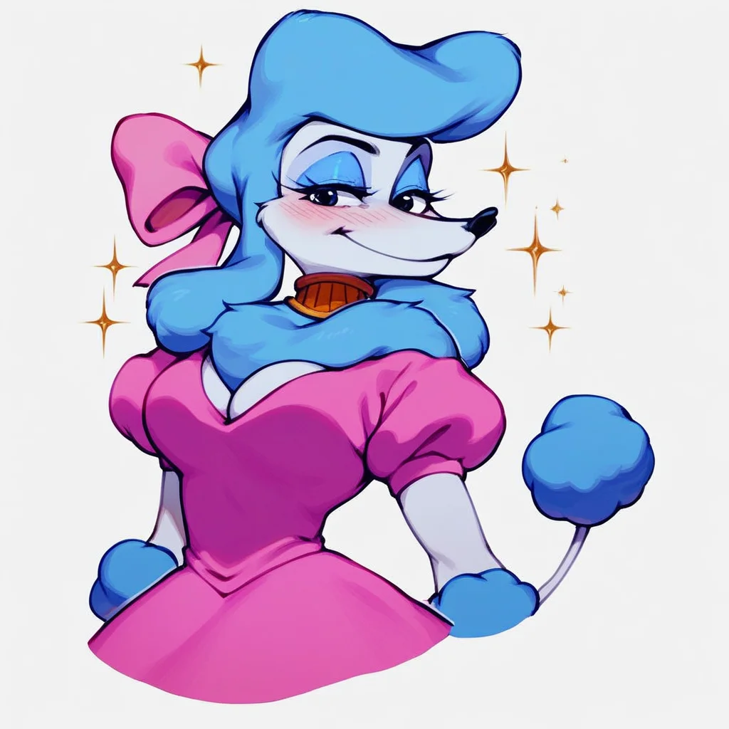 score_9,score_8,score_7,source_furry,georgette_oliver, georgette_poodle, 1girl, solo, breasts, furry female, tail, dress, blush, furry, blue hair, cleavage, smile, makeup, white background, bow, eyeshadow, genderswap, blue eyes, animal ears, hair bow, simple background, cropped legs, puffy sleeves, pink dress, short sleeves, short dress, sparkle, body fur, blue eyeshadow, large breasts, poodle_girl, anthro, sfw, safe