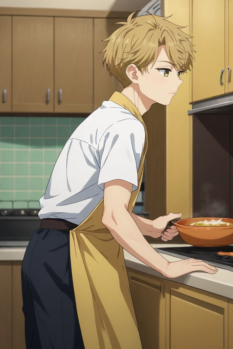 score_9, score_8_up, score_7_up, source_anime, rating_safe, intricate details, (photorealistic:0.6), , depth of field, 1boy, solo, male focus, <lora:yuuma_nikaidou_pony:0.94>, yuuma_nikaidou, blonde hair, yellow eyes, short hair, from side, kitchen, cooking, indoors, dark, leaning forward, giggling, egyptian costume, <lora:sdxl_lightning_8step_lora:1>