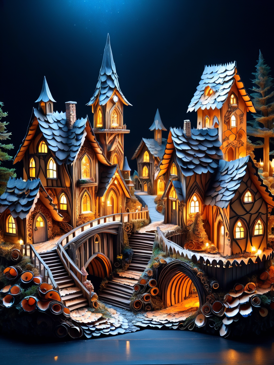 A whimsical miniature ais-pencilshavings fairy village, with shops, an inn, a church, houses, bridges, and gardens all intricately detailed covered in ais-pencilshavings, smoke from chimneys, buildings with ethereal lights, magical, atmospheric, dynamic, cinematic, masterpiece, intricate, hdr.  <lora:Pencil_Shavings_Style_SDXL:1>  <lora:EnvyBetterHiresFixXL01:0:hr=1>