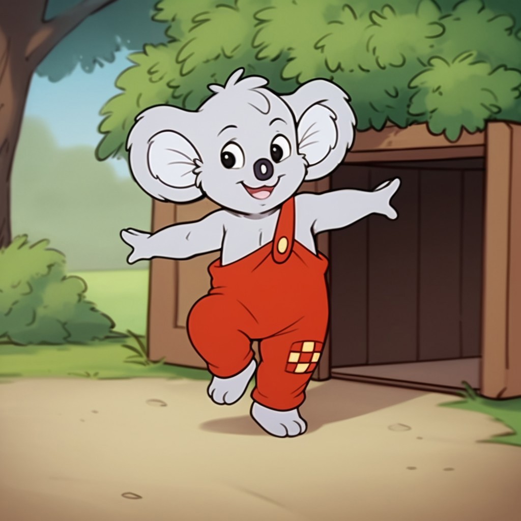 score_9, score_8_up, score_7_up, score_6_up, score_5_up, score_4_up, source_furry, Blinkybb, semi-anthro, male, Koala, grey fur, red overalls, standing on one leg, outside