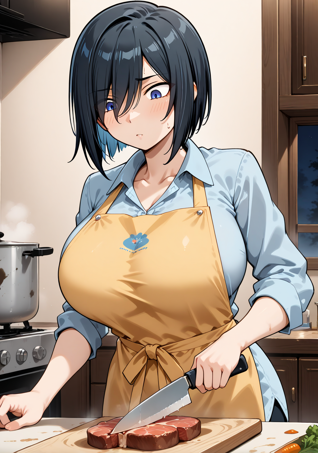 masterpiece, best quality, absurdres, perfect lighting,shiny skin,<lora:spo_sdxl_10ep_4k-data_lora_webui:0.7>,1girl,huge breasts,nakatsu,short hair,hair between eyes, bangs,hair over one eye,black hair,blue eyes,<lora:nakatsu_illu:0.9>,looking down, apron, shirt, holding, kitchen knife, cutting, indoors, cutting board, meat, vegetable, pot, kitchen,dirty, night, dark room