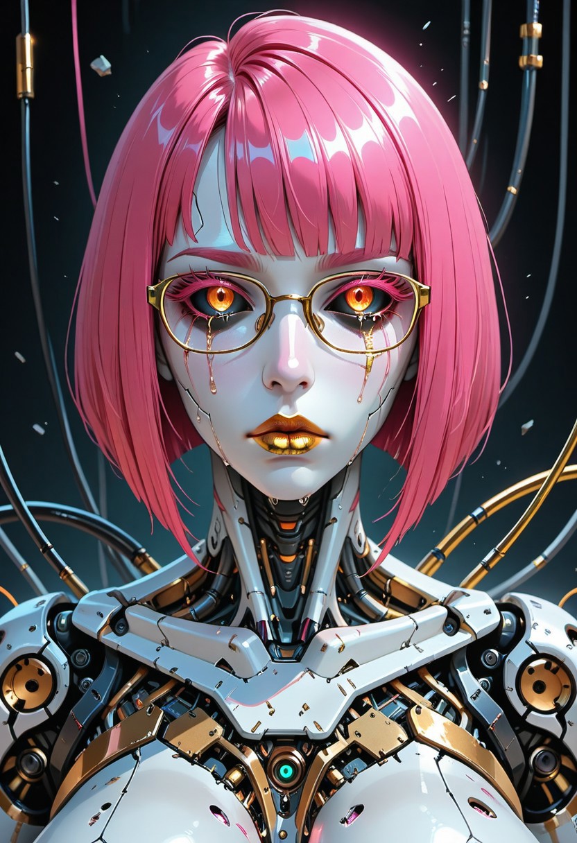 Pink bob cut  hair,  wearing glasses,  huge breast, mechanical parts, solo, damaged, android, science fiction, cable,, 1girl, cyborg, portrait, , , bald, robot, black sclera, cyberpunk, gold pupils, white skin, gold, wires, , gold lips, cyberpunk, single tear, expressionless, crying with eyes open, colored eyelashes,,