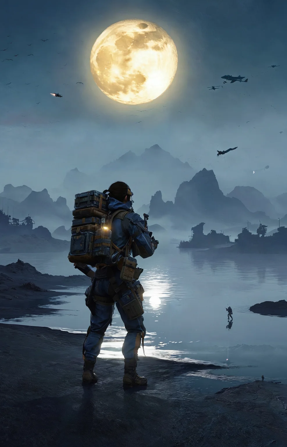 a lovely fascinated girl carries a sizable cargo while wielding a firearm, encapsulating the game's unique blend of isolation and combat., a vast, A moonlit lake, with fog rolling over the water and mysterious shapes beneath the surface sky ,moon just appeared ,Command base in background, a girl wearing with armor,weapon, headgear,motocycle   bpk, backpacker, <lora:BPKXLV1-000003:0.8>