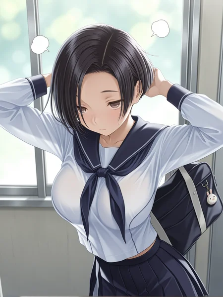 masterpiece,best quality,newest,1girl,solo,
<lora:kobayakawa_rinko_ilxl_v1:1>,k_rinko,black hair,r_s_clothes,white shirt,neckerchief,pleated skirt,bag,
<lora:Fixhands_anime_bdsqlsz_V1:1>,big breasts,expressionless,frustrated_brow,