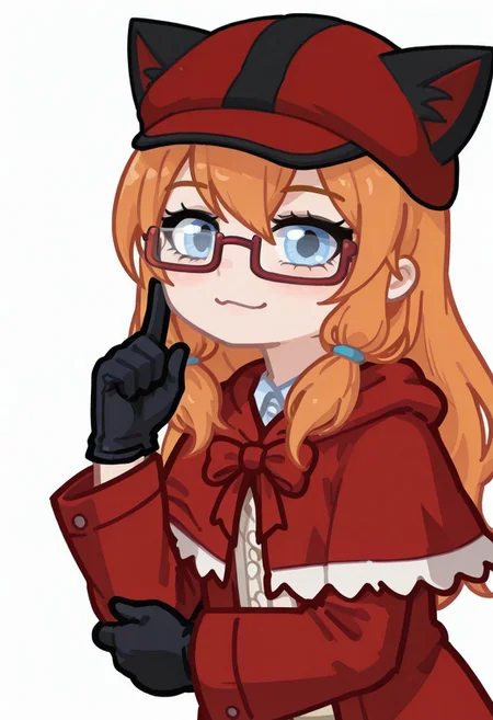 masterpiece,best quality,amazing quality, GachaPumpkinDetective, PumpkinDetective, girl, Blue eyes, redhead, orange hair, red jacket, glasses, red-framed eyewear semi-rimless eyewear, hat with cat ears, capelet, black gloves, white background