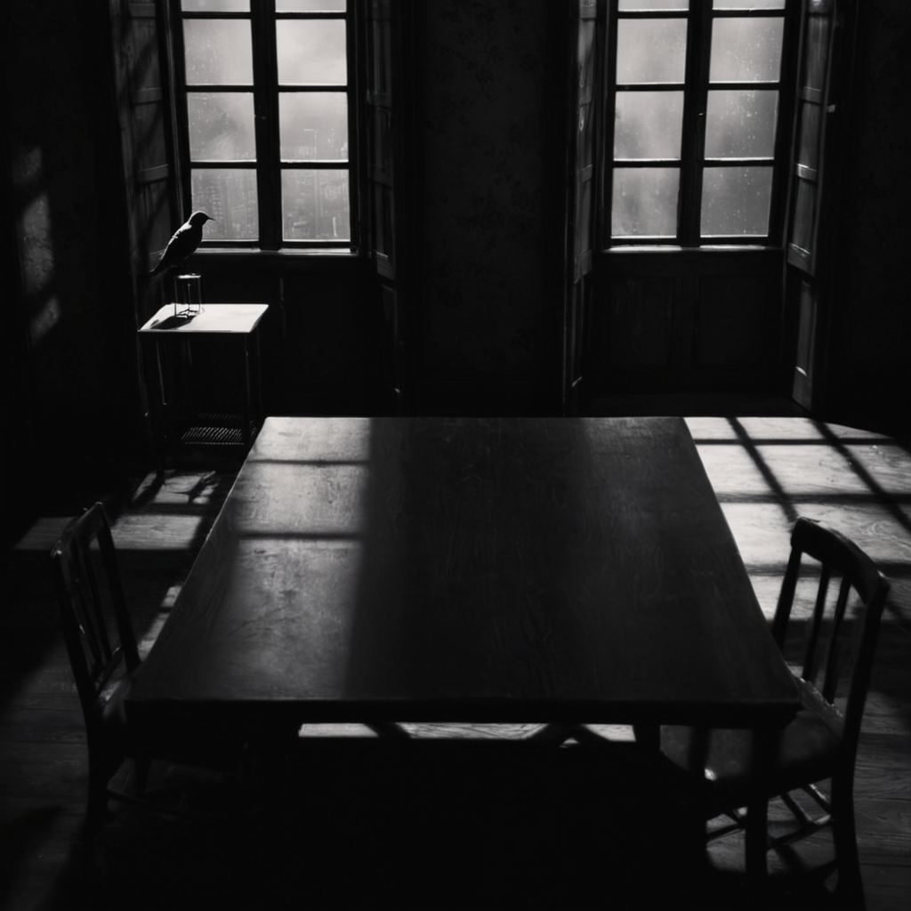 cinematic film still of  <lora:sin city style v2:1>
High angle from above,In Sin City universe a room with a window and a table with a bird on it sin city style,monochrome,greyscale,indoors,no humans,window,shadow,chair,table,plant,scenery,wooden floor,potted plant,lamp,Frank Miller's Sin City,dark theme,cinematic film,comic book series,graphic novel,Neo-noir,high contrasts,sin city style , film noir, low key light, dim light, low light, dramatic light, film grain, shallow depth of field, vignette, highly detailed, high budget, bokeh, cinemascope, moody, epic, gorgeous, film grain, grainy