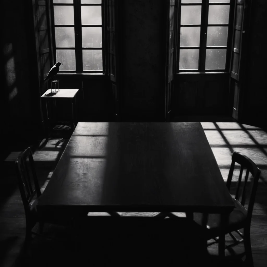cinematic film still of  <lora:sin city style v2:1>
High angle from above,In Sin City universe a room with a window and a table with a bird on it sin city style,monochrome,greyscale,indoors,no humans,window,shadow,chair,table,plant,scenery,wooden floor,potted plant,lamp,Frank Miller's Sin City,dark theme,cinematic film,comic book series,graphic novel,Neo-noir,high contrasts,sin city style , film noir, low key light, dim light, low light, dramatic light, film grain, shallow depth of field, vignette, highly detailed, high budget, bokeh, cinemascope, moody, epic, gorgeous, film grain, grainy