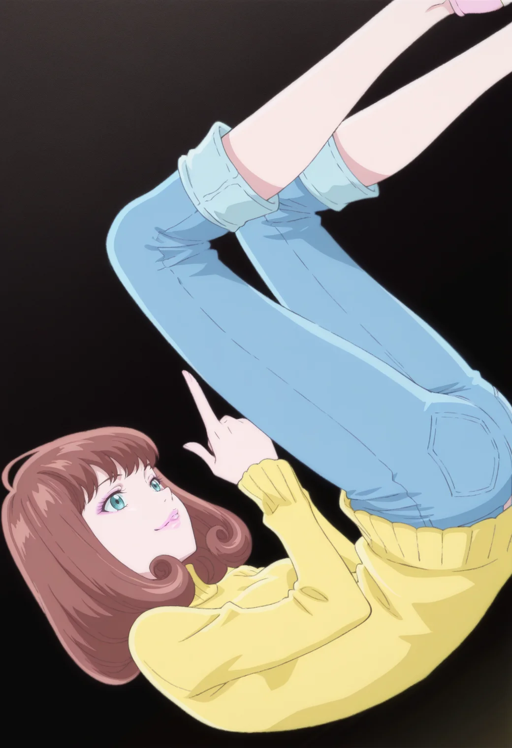 anime screencap, anime coloring, 1girl,  solo,   <lora:DX888MiraIL:1>gotokuji mira, aqua eyes, brown hair, medium hair, pink lips,  yellow sweater, turtleneck sweater, capri pants, jeans BREAK black background, lace background, BREAK dutch angle,  from below, from side, dynamic pose, posing, smile,       finger gun, fetal position,  upper body,