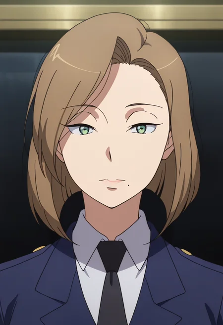 masterpiece, best quality, amazing quality, very aesthetic, absurdres, newest, illustration, perfect composition, intricate details, highres, anime coloring, 1girl, solo, (portrait:1.2),
darzanaww, mature female, green eyes, brown hair, medium hair, mole under mouth, formal, military uniform, skirt suit, black necktie, blue military jacket, white collared shirt, looking at viewer, shiny body, shiny skin, skindentation, clear skin, shiny hair, ultra detailed eyes, depth of field, sharp, intricate details, hyperdetailed, ultra-detailed, detailed clothing folds, high contrast, dynamic light <lora:Darzana_Magbaradge_Aldnoah_Zero_ill:1>
