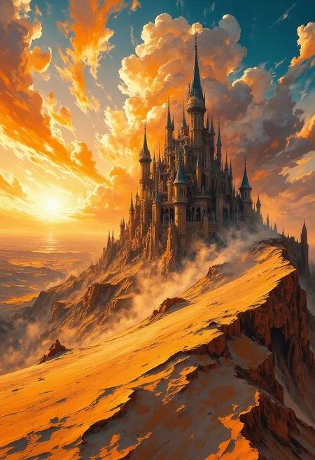 A landscape of tall dunes in a desert the stretches to the horizon. The sun is just rising above the horizon, painting the sky in vivid hues and lighting the dunes and the sand. Epic clouds catch the sunlight and a storm seems to be building in the distance. The dunes move like waves. A walking castle strides the dunes, huge and strange.