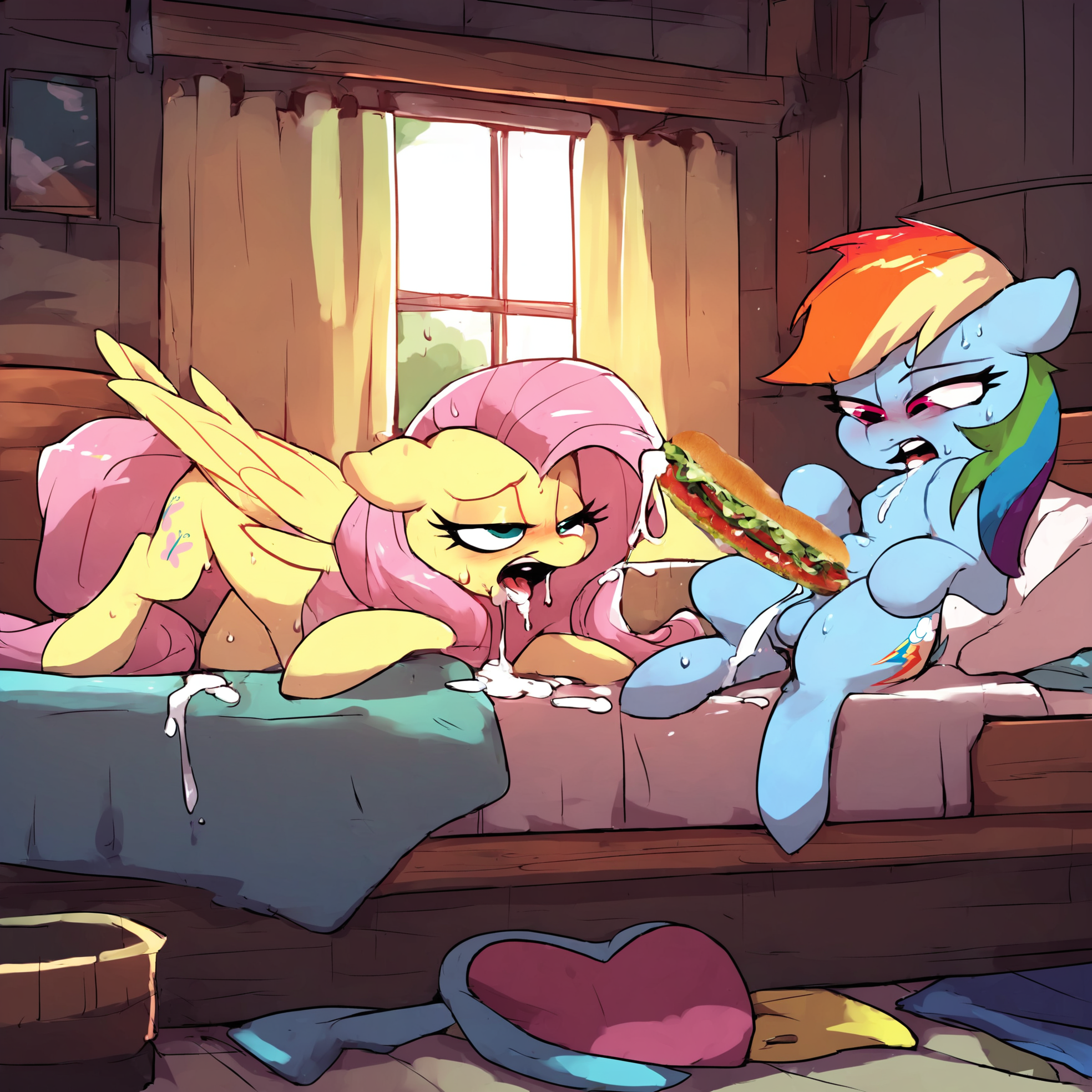 score_9, score_8_up, score_7_up, score_6_up, score_5_up, score_4_up, fluttershy performing fellatio on (rainbow dash) sandwich, eatfresh, freshcock, cum on body, full body, multiple girls, sweat, feral, bed, pillows, comfy, bedroom eyes, stirring, bedroom, <lora:EatfreshPDXL:1>