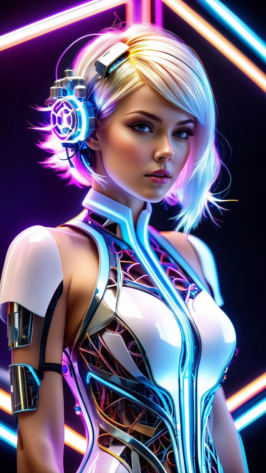 (scandinavian girl:1.2), cute face, long hair, frilly hairstyle,(full),latex dress, torso, body, 8k, ultra-detailed, highres, (best quality, masterpiece:1.2), (deformad neon light:1.3), soft particles of fractal fire,volumetric lighting, focus, colorful, ((extreme details)), glow, impossible figures, paradoxical art,paradox, impossible geometry, hypercube, Beautiful Psychedelic Trippy White Intricate Detailed Elaborate, solo, full body, (machine made joints:1.4), ((machanical limbs)), (explosed muscles), (blood vessels connected to tubes), (a brain in container:1.3),((mechanical vertebra attaching to back)), ((mechanical cervial attaching to neck)), ((sitting)), expressionless, (wires and cables attaching to head and body:1.5), small breasts, short hair, (character focus), science fiction