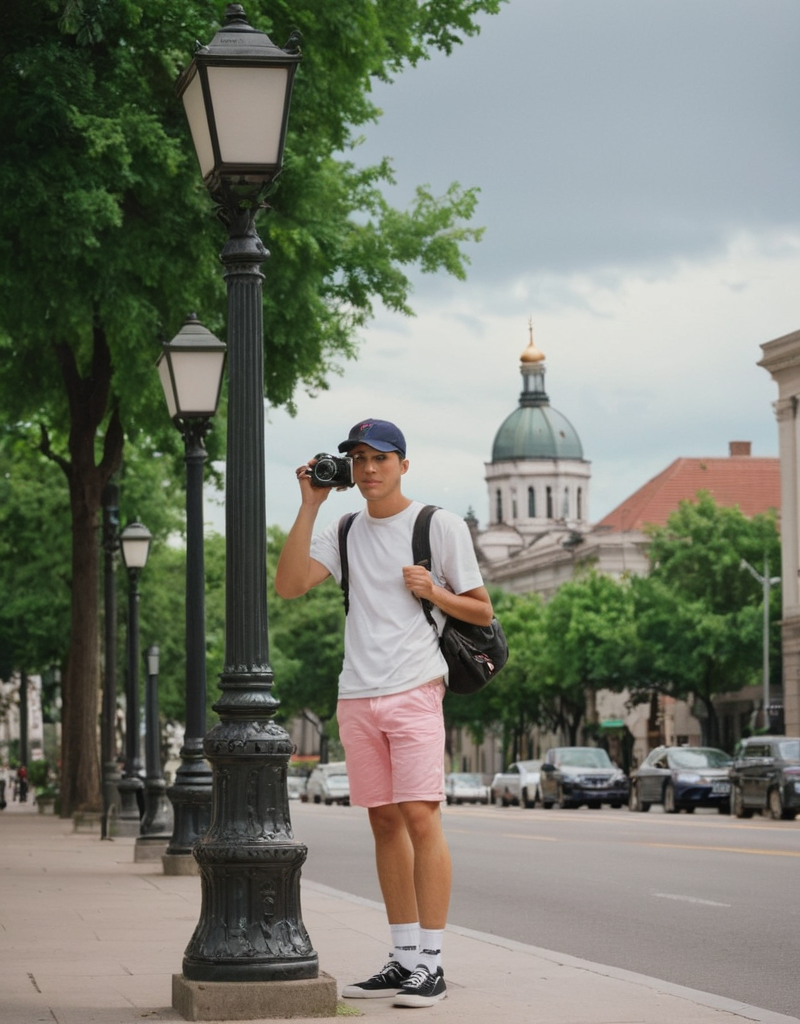 photographer, city backdrop, taking a photo, DSLR camera, casual clothing, male, cap, outdoors, summer, urban, street photography, candid, trees, historical buildings, daylight, tourism, pink shorts, white t-shirt, camera strap, cloudy sky, sidewalk, pedestrians, ornate lamp posts., Fujifilm XT3, Canon R5, Fujicolor Fujichrome Velvia 100