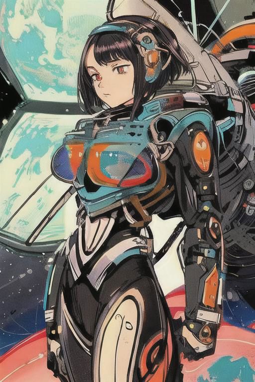2d artwork, line artwork, comic aesthetics, 1girl, gorgeous, spacesuit mech, looking at viewer, surreal, breathtaking high-tech hardware background, line noise, ancient, retrofuturism, old comic paper, 1girl, beautiful face, spacesuit mech, short hair, red eyes, black epi-space-suit mech, earth, universe