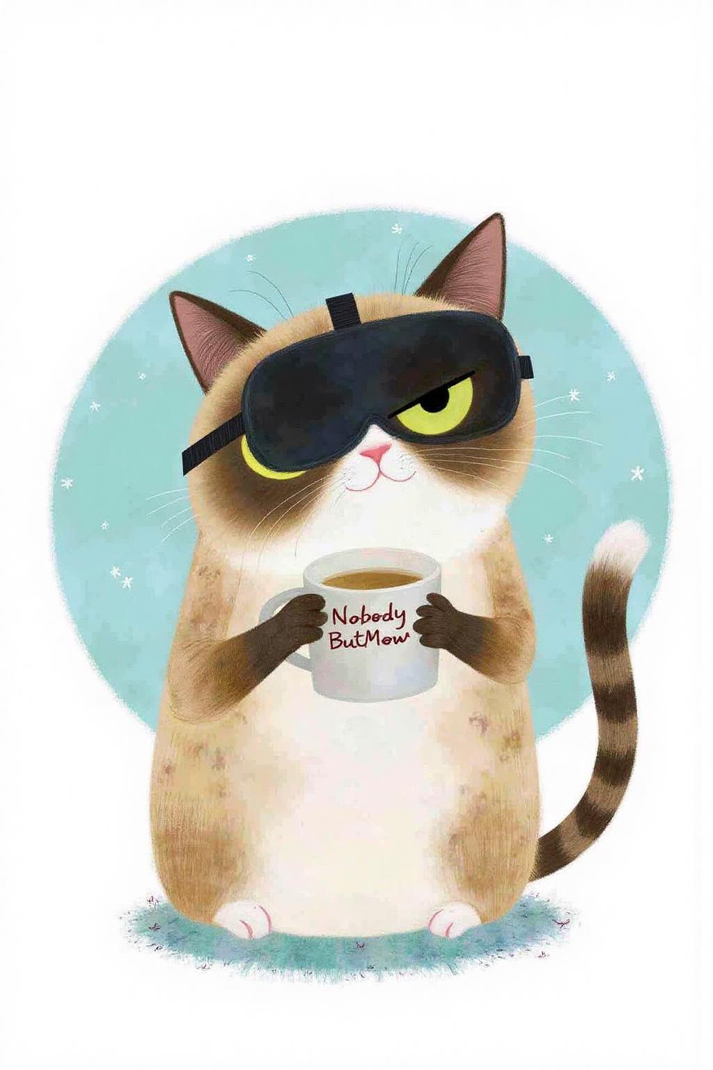 macha1 illustration. 
Grumpy Cat holidng a coffee mug, wearing a VR Headset. The mug has the phrase "NobodyButMeow" printed,  <lora:macha1_cap_d6a3e12:1.0><lora:827730972356292378:0>