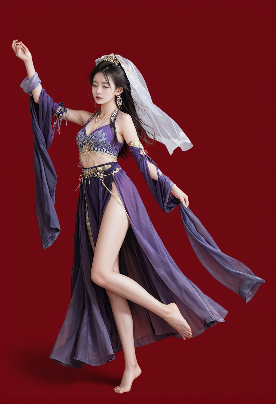 red background,1girl,solo,barefoot,hair ornament,dancing,,ruanyi0757,detached sleeves,jewelry,purple dress,see-through,shawl,veil,<lora:0757 Exotic Priestess_v1_pony:1>, score_9,score_8_up,score_7_up,,8k,1girl,solo,