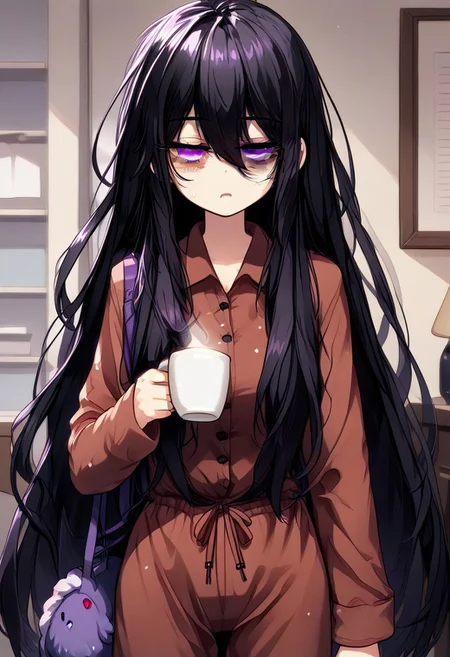 1girl, masterpiece, very long Puffy purple and black hair, heterochromia, bright red and purple eyes, dark red pajamas, tired, holding coffee, wearing dark blue fuzzy slippers, apartment, daytime,