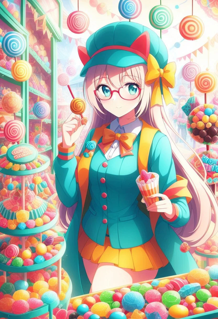 (girl is selling candy), 1girl, candy woman, wearing candy glasses, candy shop, candy hat, f\1.0, candy, <lora:aidmaCandyWorldMorph-MoreArtfull-v0.1:0.8>