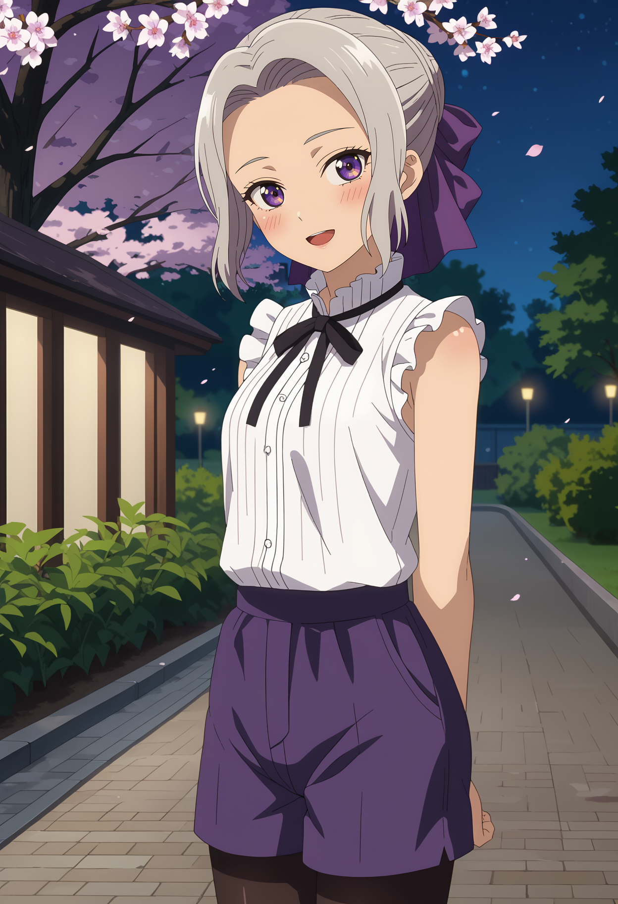 score_7_up, anime screencap, anime coloring,
<lora:KanojoMoKanojo_KiryuuShinoXL:0.8>,
1girl, solo, open smile, (head back:1.2), head tilt, blush,
short hair, grey hair, parted bangs, purple eyes, hair bow, purple bow, single hair bun,
ShinoCasual, sleeveless shirt, frilled shirt, ribbed shirt, white shirt, neck ribbon, black ribbon, purple shorts, pantyhose under shorts, (black pantyhose:1.2),
facing to the side, arms behind back, (thigh gap:1.2), standing, looking at viewer,
blurry background, outdoors, park, night, cherry blossoms