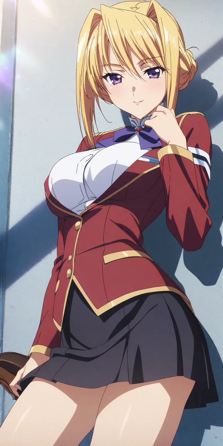 1girl, solo. sylvia_van_hossen, large breasts, blonde hair, purple eyes, hair bun, school uniform, red jacket, white shirt, black skirt, cowboy shot, bare legs, brown shoes, white stocking, seductive smile, full body, anime coloring, <lora:XL-SylviavanHossen:1>, (masterpiece),(best quality),(ultra-detailed),(best illustration),(best shadow),(absurdres),(detailed background),(very aesthetic),