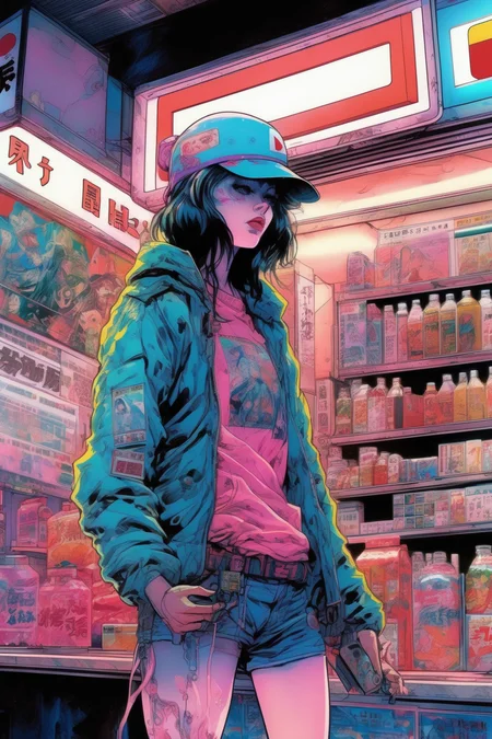 <lora:Liam Wong Style:1>Liam Wong Style - Vintage 90's anime style environmental wise shot. cluttered 7/11 interior; a woman wearing streetwear; by hajime sorayama, greg tocchini, virgil finlay, sci-fi, colors, neon lights. line art. environmental art.