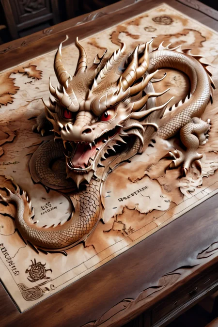 <lora:Dragon_Engraving:0.8> dragon engraving on a boot <lora:Magical_Parchment:0.8> map, 8k resolution, on a wizard desk