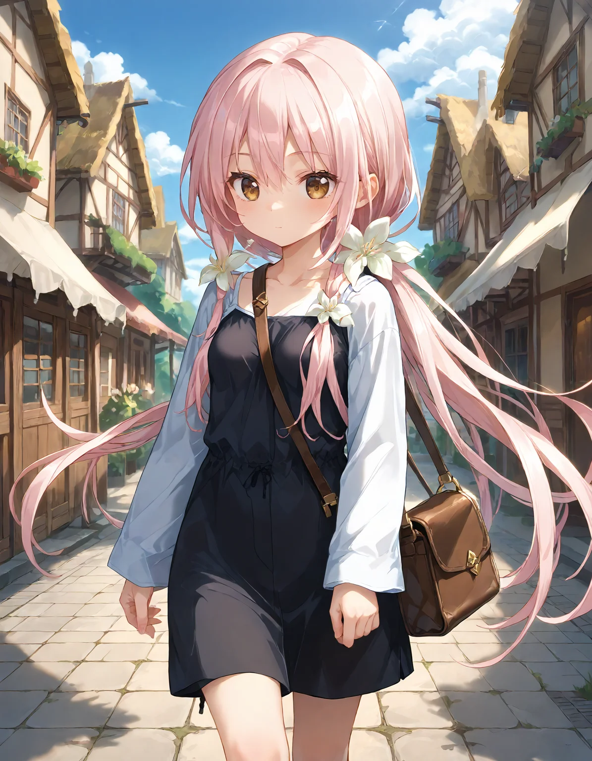 score_9, score_8_up, score_7_up, source_anime, <lora:add-detail-xl:1>, good anatomy, masterpiece, amazing quality, ultra detailed, good hand
BREAK 1girl, casual, walking, in town, <lora:pai-sura:0.6> pai-sura, breasts emphasis, slant bag, bag strap passing between breasts,
BREAK <lora:kuro Chrono Clock (Purple Software):0.8> kur0, very long hair, pastel pink hair, hair accessary, flower accessary, lily \(flower\), brown eyes, small breasts, asymmetry hairstyle, low ponytail, ponytail over shoulder, sidelock, sidelock white ribbon tied