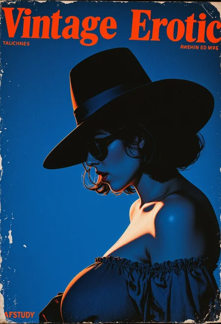A cover of a Taschen artbook about "Vintage Erotic". Below the title, there's a subtitle with the text: "A STUDY". The book cover, below the text, features the adorable style of vtgbrst. Post-Impressionism aesthetics, dreamscape, an award-winning close-up portrait in the style of Conrad Roset, blue theme, highly detailed, surreal, ethereal. A mysterious and voluptuous femme fatale hiding in the shadows, wearing blue sunglasses, a wide hat, and a blue off-shoulder blouse. Her face is obscured by darkness. Dappled light streaks across her face, revealing her visage hidden in the deep shadows., featuring loose brushstrokes, vibrant colors, and a subjective perspective. The style is emotional and modern, with art by notable artists such as Robert Antoine Pinchon, capturing the essence of this artistic movement.. The cover has the tell-tale signs of heavy use, with rips and tears, dirt, speckles of dust, grain, discoloration, creases, and water stains. <lora:Vtgbrst Study_epoch_4:1><lora:gjbvc:0.65>