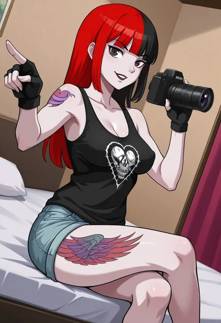 safe_pos, masterpiece, best quality, amazing quality, BREAK, dynamic angle, high quality, 1girl, solo, ravenpl, two tone hair, black hair, red hair, pale skin, shoulder tattoo, leg tattoo, skull print black tank top, fingerless gloves, denim shorts, perky breasts, cleavage, siting on bed, legs crossed, holding video camera, pointing camera at viewer, bedroom, detailed scenery
