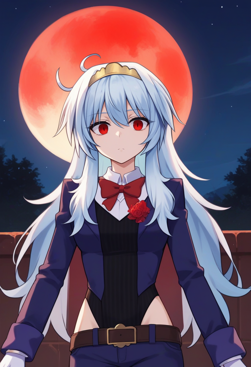 score_9, score_8_up, score_7_up, source_anime, solo, 1girl, mirabelle, expressionless, looking at viewer, standing, white hair, ahoge, tiara, red eyes, empty eyes, blue jacket, long sleeves, black leotard, white shirt, red bow, white gloves, blue pants, belt, night, outdoors, blood moon <lora:mirabeaustudios_mirabelle_ponyXL:1>