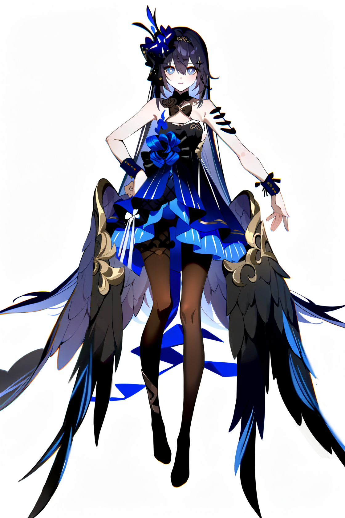 8k, best quality, masterpiece, (ultra-detailed), (high detailed skin), 
(wanke), (pigeon666), ((rei_(sanbonzakura)),konya_karasue,year 2023, full body, full shot, standing, looking at viewer, (solo:1.2), simple background, white background, hand on own hip,,, <lora:xierssyy-noob-Tanger-000010:0.8>, , xier, yongye, second clothes, black sleeveless dress, black hair ornament, black low wings, 1girl, blue eyes,  long hair, black hair, black pantyhose, bare shoulders, seele vollerei, bangs,  A full-body portrait of a young girl, standing gracefully, pastel art style, high-key lighting, shoujo manga influence, hd quality, delicate details,,,