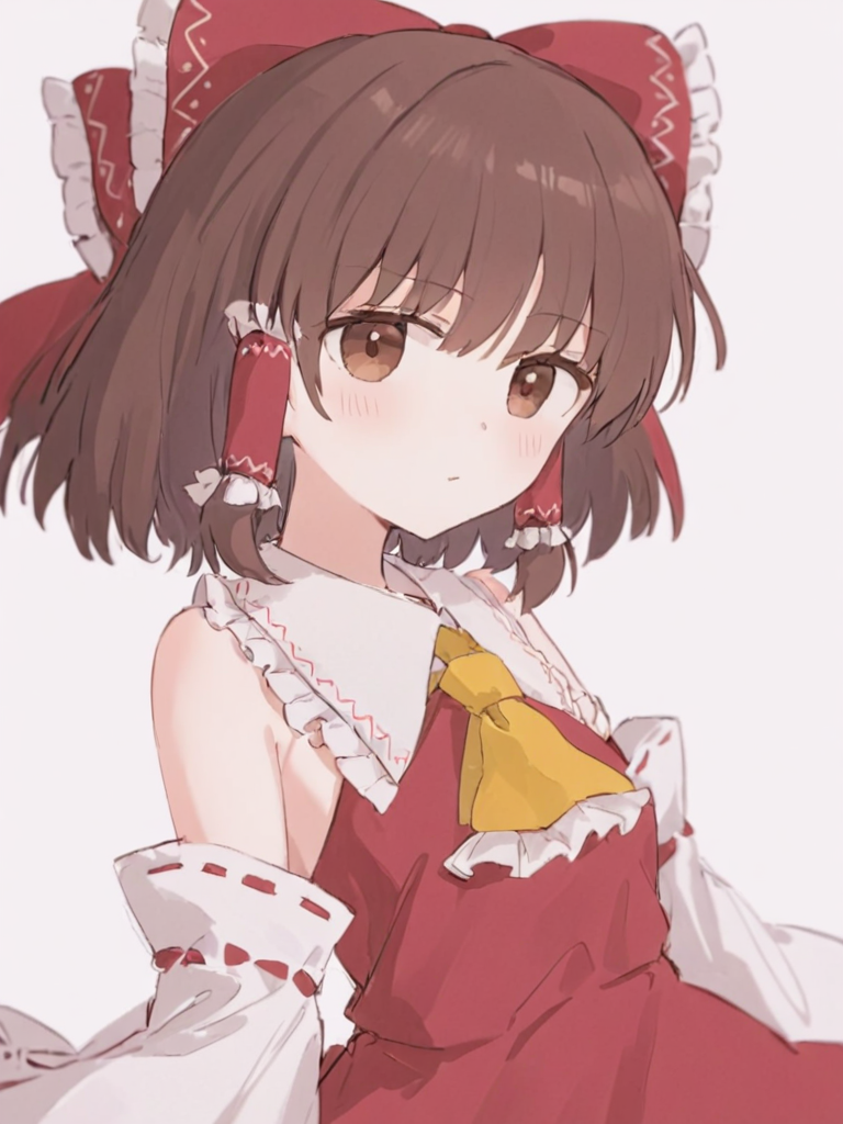 <lora:åä¸½çµæ¢¦:1>,1girl, solo, hakurei_reimu, detached_sleeves, collared_dress, hair_tubes, bangs, bow, white_background, ascot, red_bow, dress, simple_background, wide_sleeves, closed_mouth, red_dress, brown_eyes, frills, yellow_ascot, hair_ornament, bare_shoulders, long_sleeves, sarashi, brown_hair, short_hair, hair_bow, standing, looking_at_viewer, looking_to_the_side, white_sleeves, eyes_visible_through_hair, ribbon_trim, ribbon-trimmed_sleeves, collar