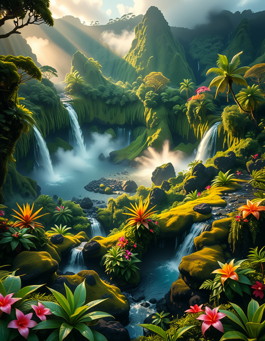 A breathtaking view of an ancient, dormant volcano now transformed into a lush, vibrant natural sanctuary. The crater is filled with dense tropical forests, colorful exotic flowers, cascading waterfalls, and mist swirling gently in the morning light. Vines and moss cover the dark volcanic rocks, and small streams wind down the slopes. while rays of sunlight pierce through the dense canopy, creating sparkling reflections on the water. The atmosphere feels peaceful, enchanted, and untouched by humans. The scene is depicted in an ultra-detailed, hyper-realistic style, with warm, soft lighting and rich, saturated colors that enhance the magical and serene mood of the landscape.
<lora:SDXLFaeTastic2400:0.4> <lora:extremely_detailed:0.4> extremely detailed, <lora:dormant_v0lc4n0:1>,dormant v0lc4n0, Masterpiece,best quality,hi res,8k,hi res,8k,award winning,(sharp focus, intricate, highly detailed),