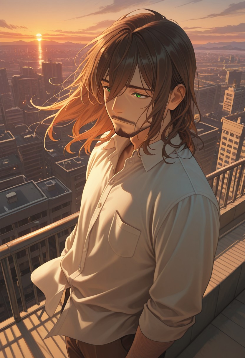 1boy, mbti_infp, mature man, long brown hair, green eyes, standing on rooftop, looking at sunset, city skyline, golden hour, wind, pensive, calm, aesthetic, epic view, highres, masterpiece, best quality