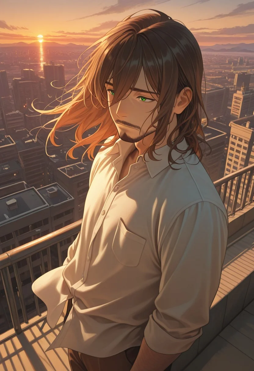 1boy, mbti_infp, mature man, long brown hair, green eyes, standing on rooftop, looking at sunset, city skyline, golden hour, wind, pensive, calm, aesthetic, epic view, highres, masterpiece, best quality