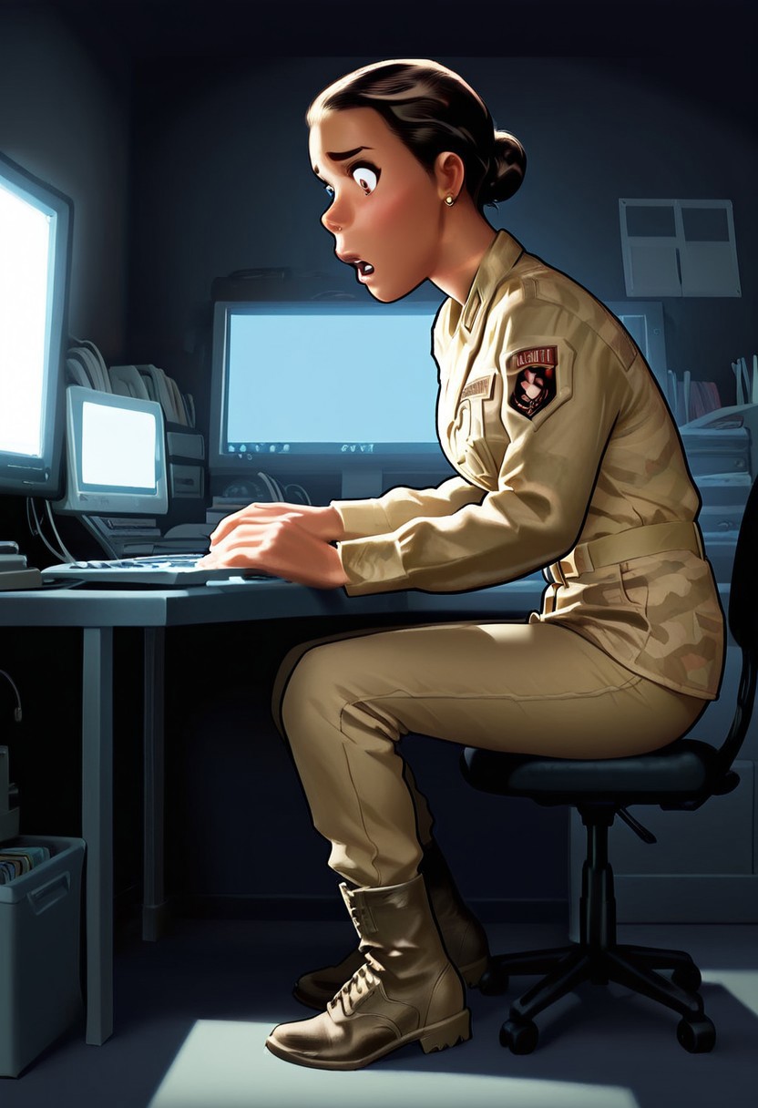 masterpiece, best quality, amazing quality, accurate style, detailed face, accurate colors, detailed eyes,
Adamhughesstyle,
0lg4EL10, 1girl, dark skin, black hair, hair bun, brown eyes, slicked hair, solo,
military uniform, earrings, boots,
sitting at desk, computer, dark, dim lighting, computer screen light, shocked, side view,