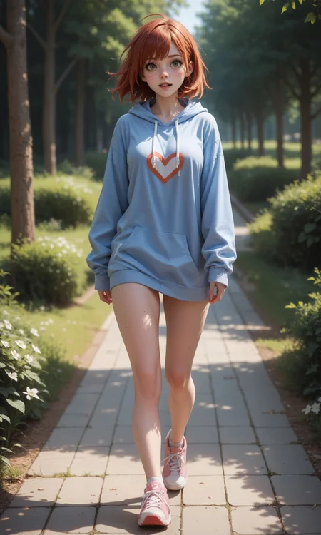score_9, score_8_up, score_7_up, BREAK, <lora:add-detail-xl:3>, <lora:Expressive_H:0.6>, <lora:SkinRealityOrg_ponyv6_loraplus:0.5> real skin, freckles, mole, <lora:Eye size Slider - PNY_alpha1.0_rank4_noxattn_last:0.5>, Walking with a swagger, Cheerful